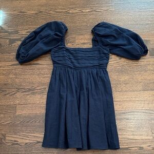 Abercrombie & Fitch Navy Linen Dress with Puff Sleeves